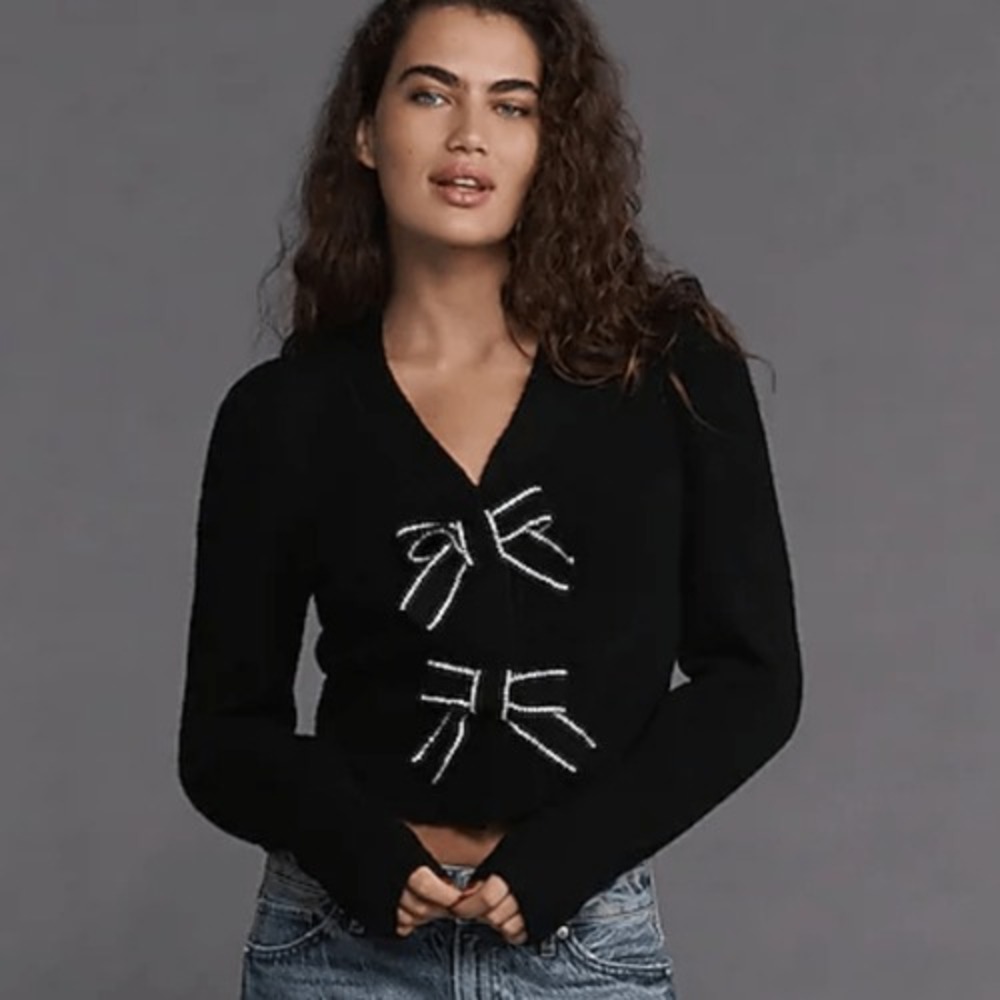 Express NWT Black Embellished Bow V-Neck‎ Cardigan Sweater Women's Sz Large